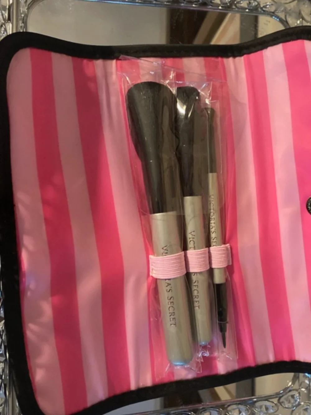 Silver Handle Brush Trio with Pink Striped Pouch